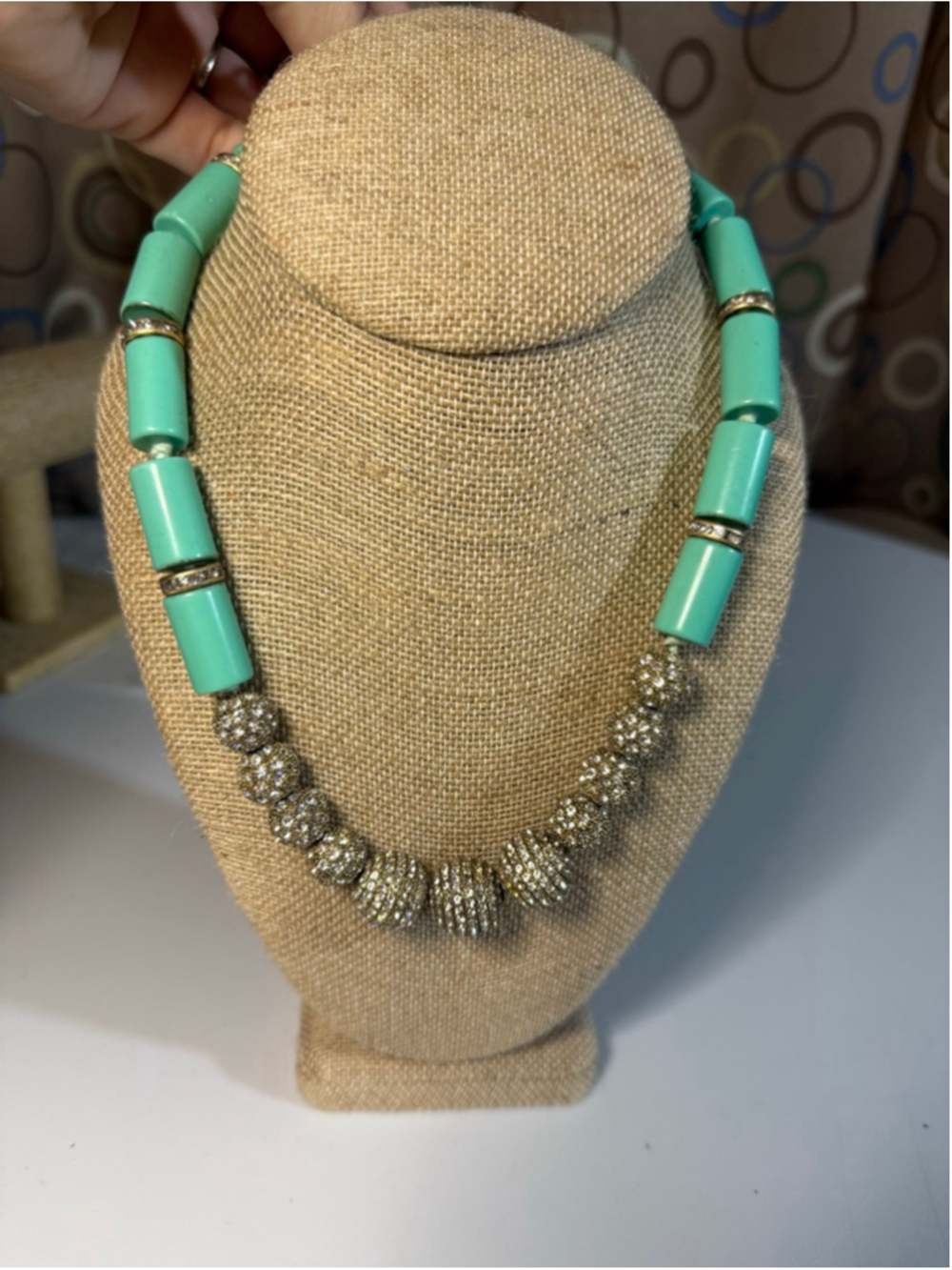 Retired Vintage J.Crew Sea Foam Green and Pave Rhinestone Beaded Necklace